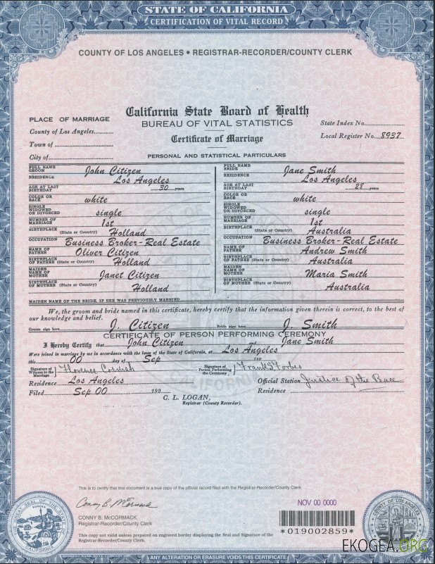 Modèle de certificat de mariage USA Californie au format PSD
